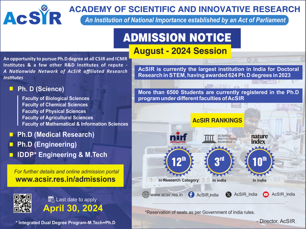 AcSIR - Admission advertisement for Aug-2024 session